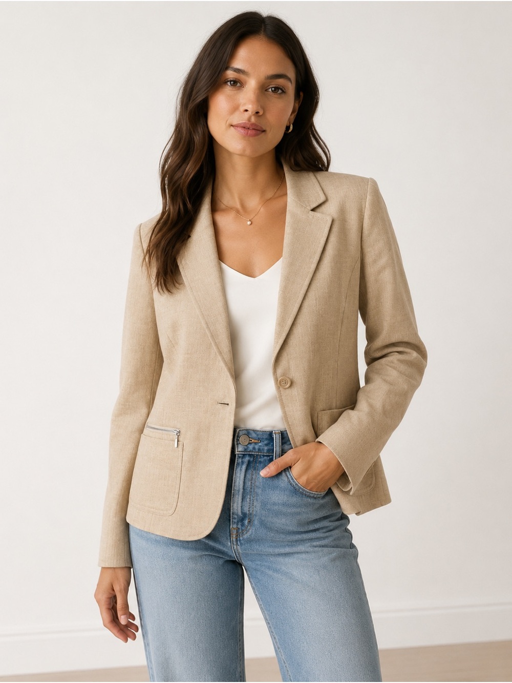 i.e. Beige Tailored Blazer Women’s Size 16 One Button Office Career Jacket